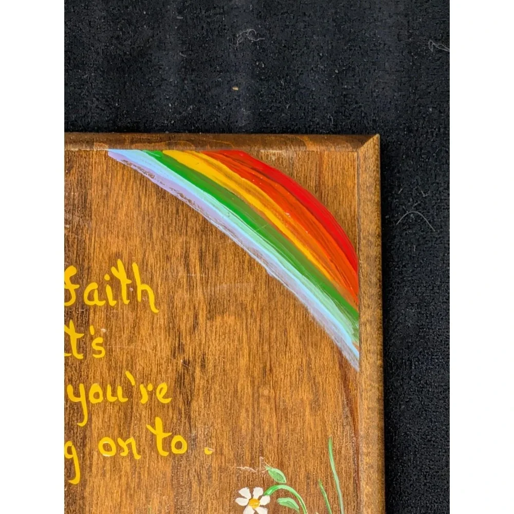 Vtg Hand Painted Wall Plaque 70s Faith Spiritual Rainbow Ladybug Strawberry 5x6